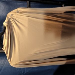 Beige Long Sleeved Stretch Shirt with Rhinestones on the left shoulder.